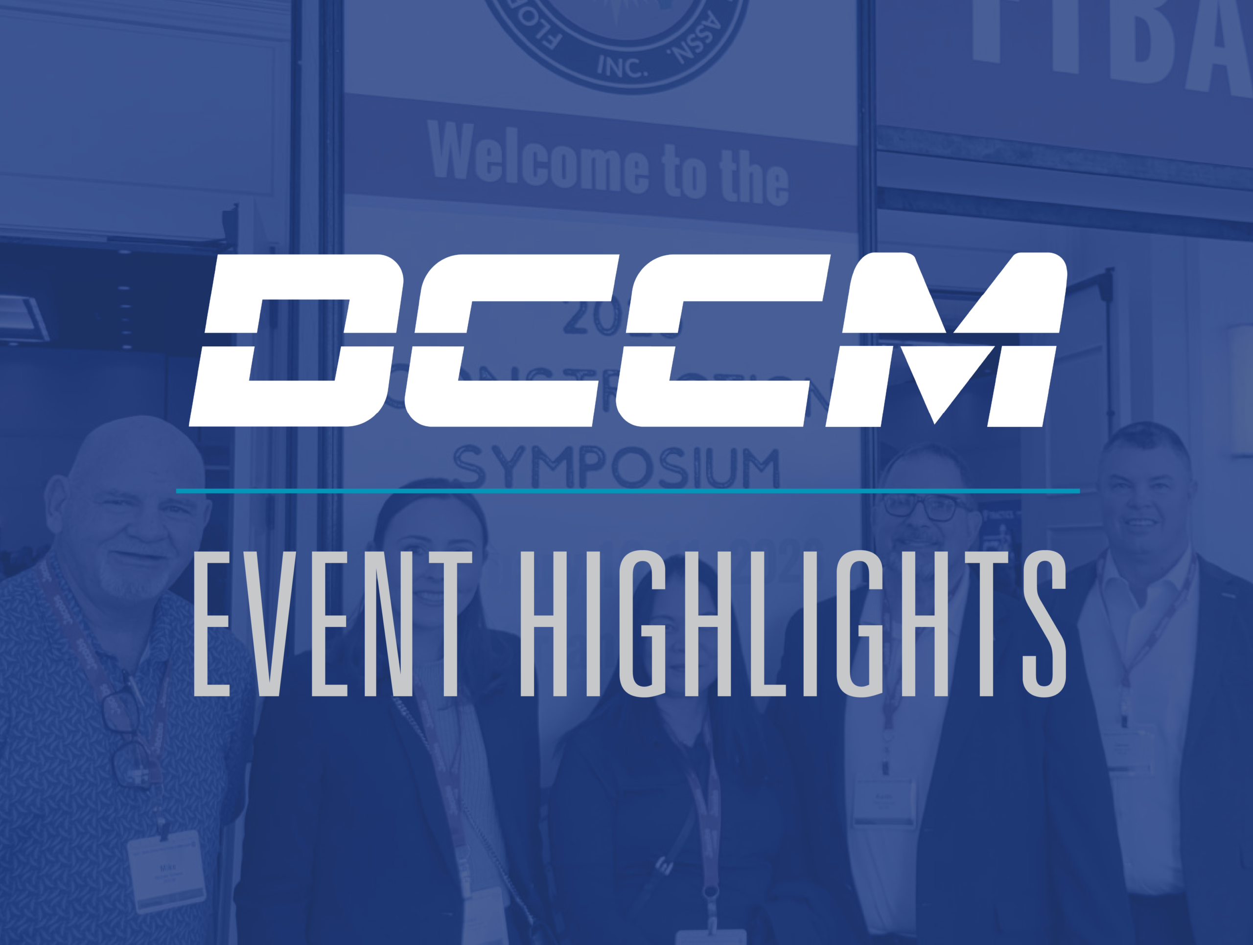 Group of smiling teammates at an industry event with a blue overlay and a headline title overlayed