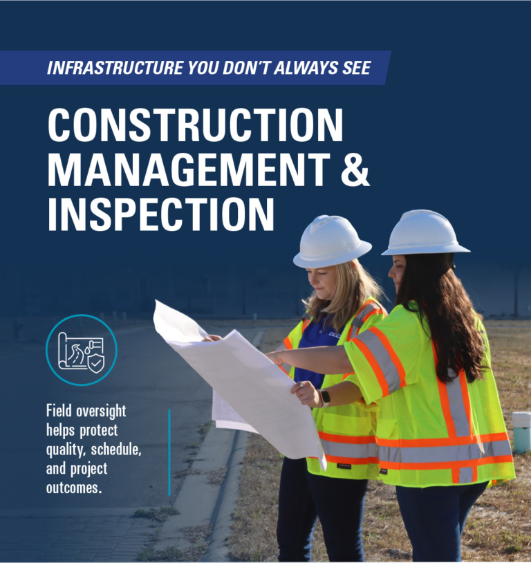 Stylized graphic of two female engineers in the field looking at a set of plans