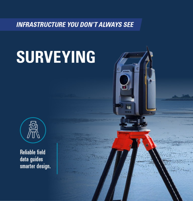 A stylized graphic of surveying equipment in the field